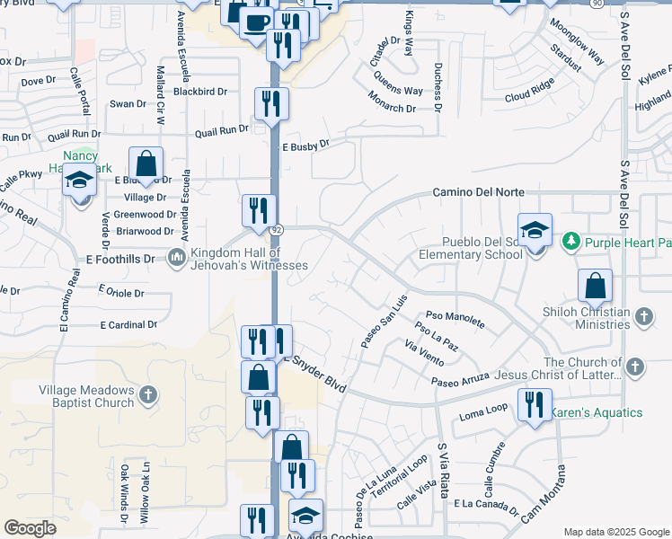 map of restaurants, bars, coffee shops, grocery stores, and more near 4305 Avenue Palermo in Sierra Vista