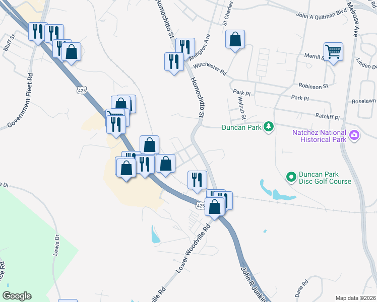 map of restaurants, bars, coffee shops, grocery stores, and more near 174 Cherokee Street in Natchez