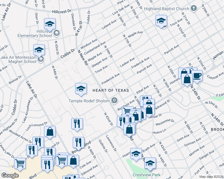 map of restaurants, bars, coffee shops, grocery stores, and more near 4020 Parrott Avenue in Waco