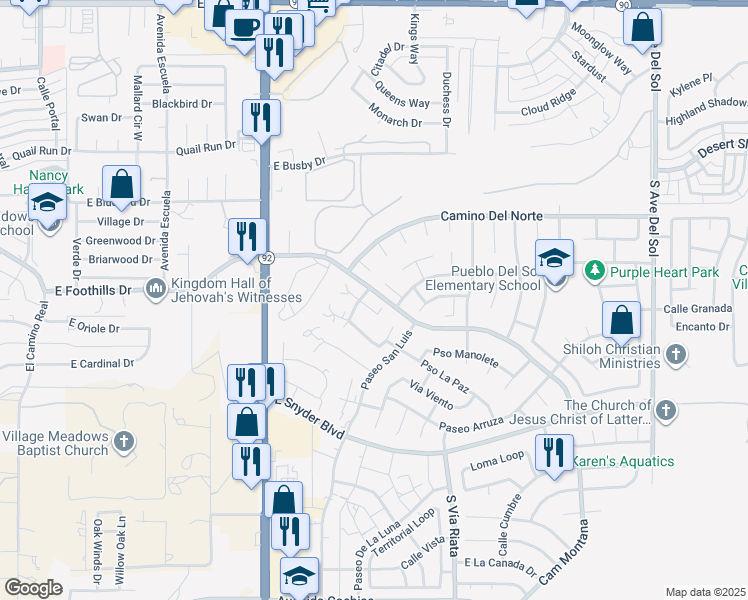 map of restaurants, bars, coffee shops, grocery stores, and more near 4419 Plaza Vista in Sierra Vista