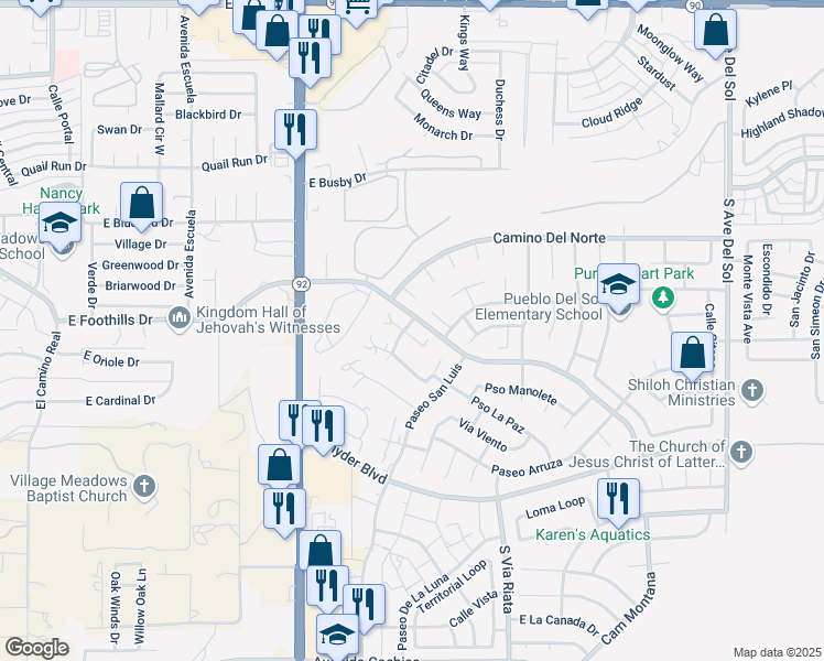map of restaurants, bars, coffee shops, grocery stores, and more near 4419 Plaza Vista in Sierra Vista