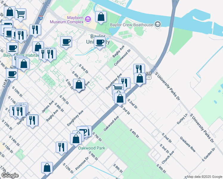 map of restaurants, bars, coffee shops, grocery stores, and more near 1920 South 3rd Street in Waco