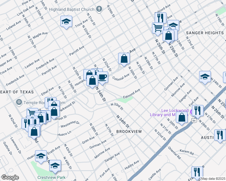 map of restaurants, bars, coffee shops, grocery stores, and more near 3210 West Edmond Avenue in Waco