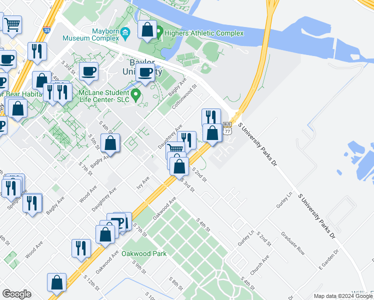 map of restaurants, bars, coffee shops, grocery stores, and more near 125 La Salle Avenue in Waco