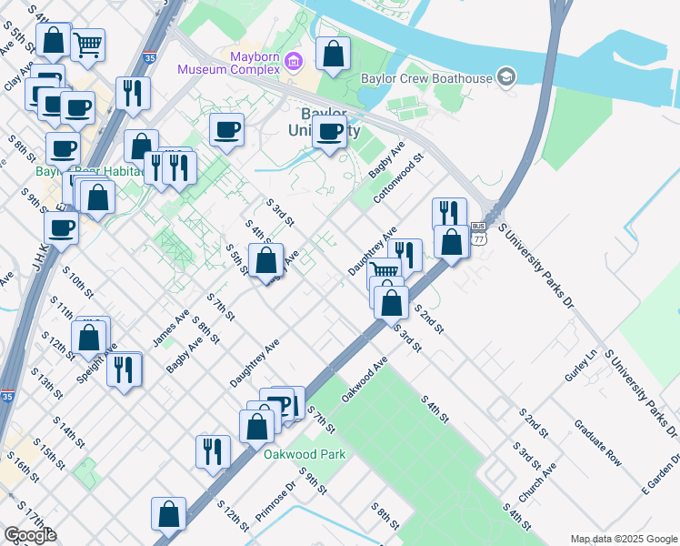 map of restaurants, bars, coffee shops, grocery stores, and more near 1825 South 3rd Street in Waco