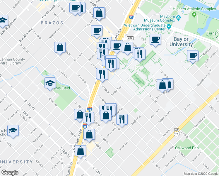 map of restaurants, bars, coffee shops, grocery stores, and more near 1301 South 10th Street in Waco