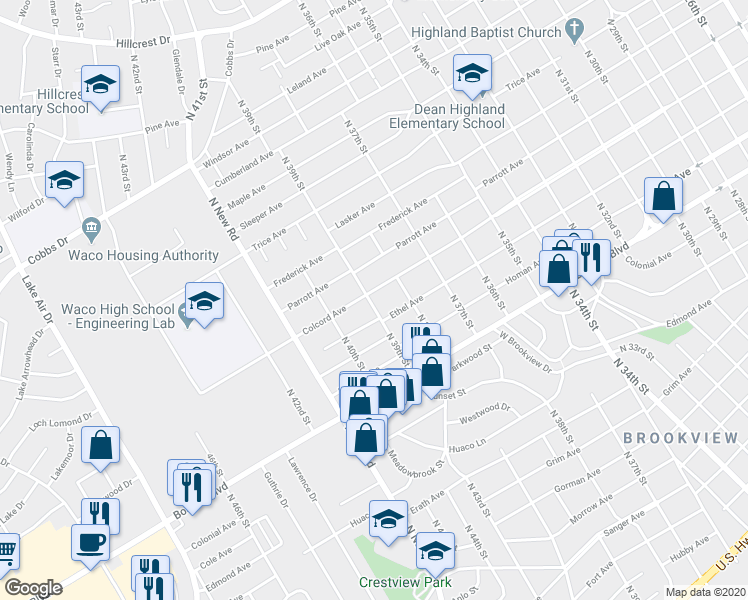 map of restaurants, bars, coffee shops, grocery stores, and more near 3900 Colcord Avenue in Waco