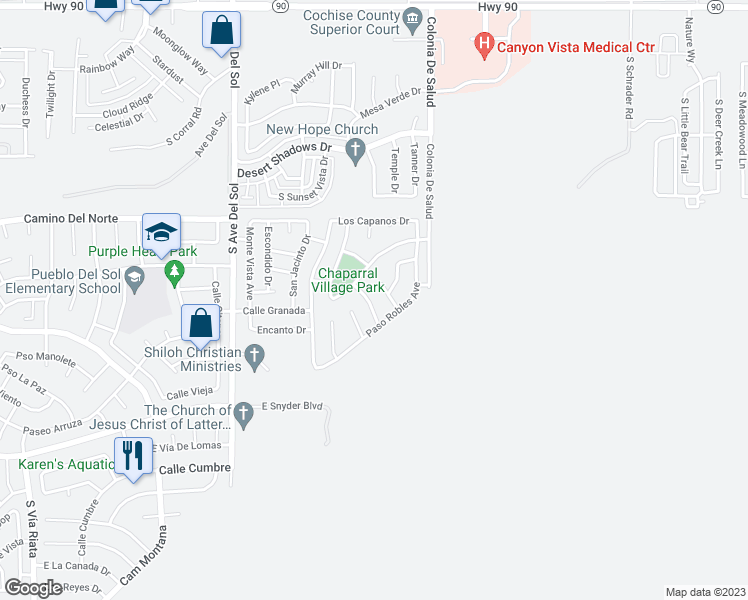 map of restaurants, bars, coffee shops, grocery stores, and more near 5483 Waco Drive in Sierra Vista
