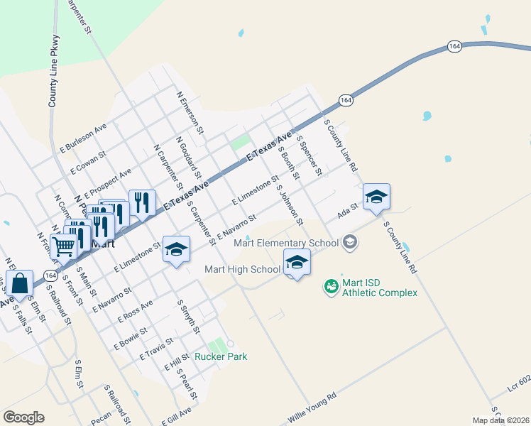 map of restaurants, bars, coffee shops, grocery stores, and more near 1116 E Navarro Ave in Mart
