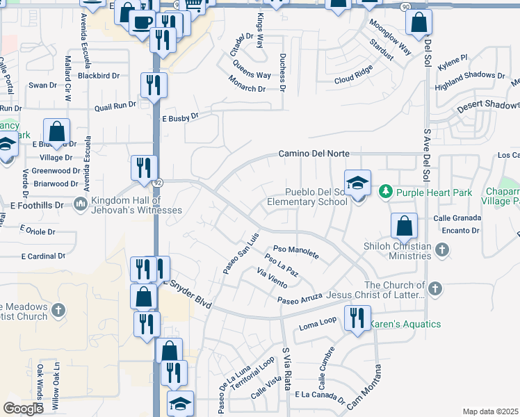 map of restaurants, bars, coffee shops, grocery stores, and more near 4606 Paseo Las Palmas in Sierra Vista