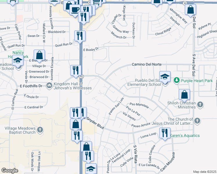 map of restaurants, bars, coffee shops, grocery stores, and more near 4419 Plaza Vista in Sierra Vista
