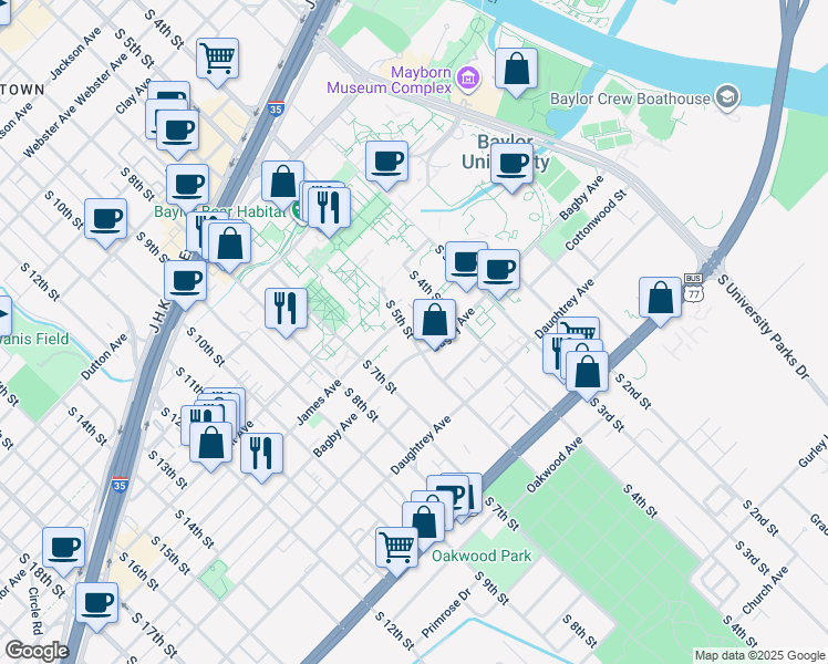 map of restaurants, bars, coffee shops, grocery stores, and more near 602 James Avenue in Waco