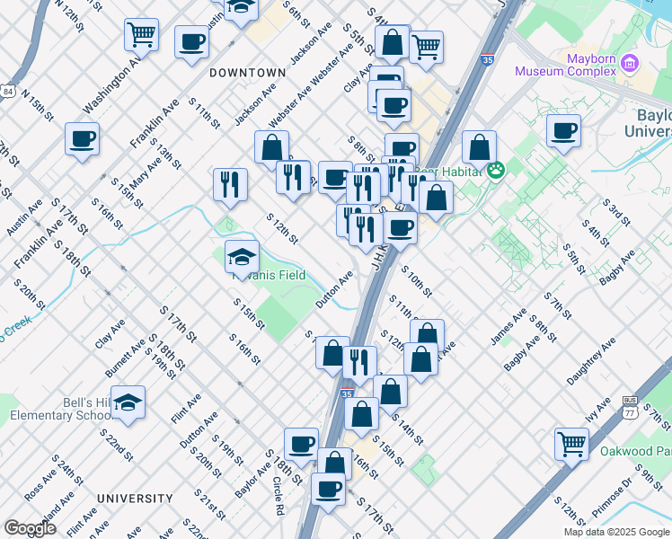 map of restaurants, bars, coffee shops, grocery stores, and more near 1000 South 12th Street in Waco