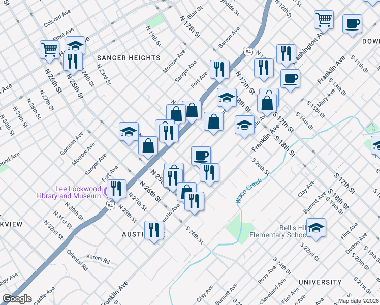 map of restaurants, bars, coffee shops, grocery stores, and more near 2217 Washington Avenue in Waco