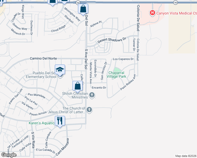 map of restaurants, bars, coffee shops, grocery stores, and more near 5310 Planada Drive in Sierra Vista