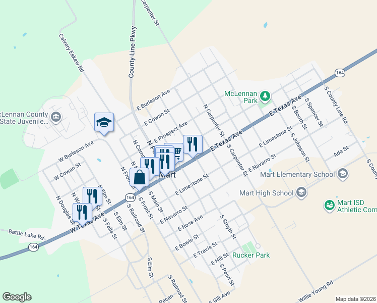 map of restaurants, bars, coffee shops, grocery stores, and more near 100-198 N Criswell St in Mart