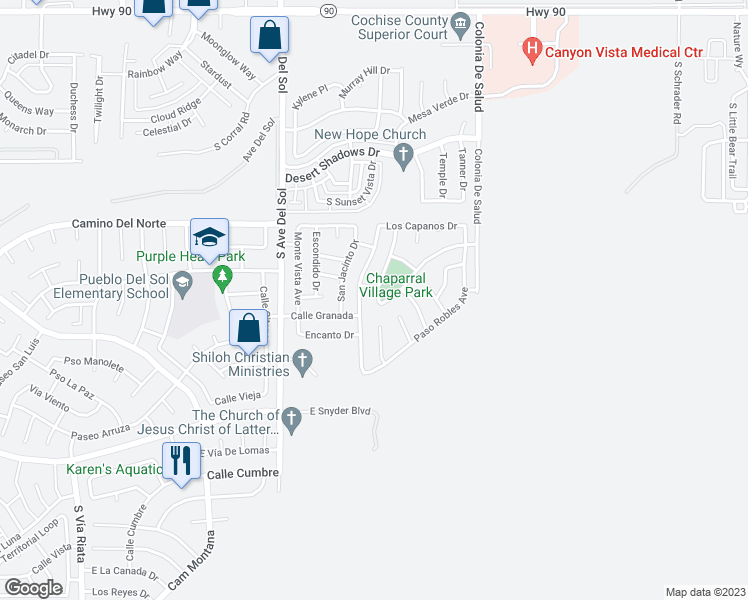map of restaurants, bars, coffee shops, grocery stores, and more near 1144 Tularosa Drive in Sierra Vista