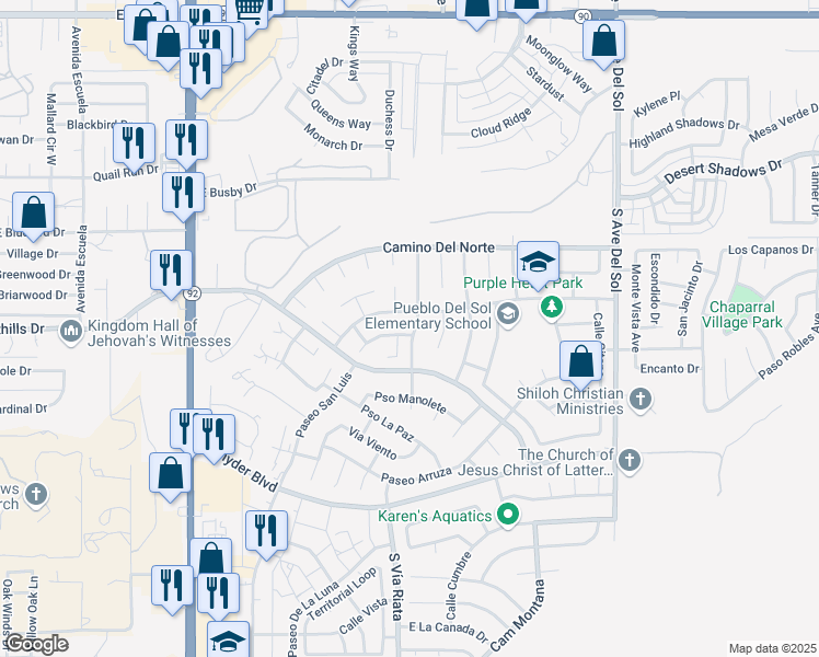 map of restaurants, bars, coffee shops, grocery stores, and more near 4815 Paseo Del Rico in Sierra Vista