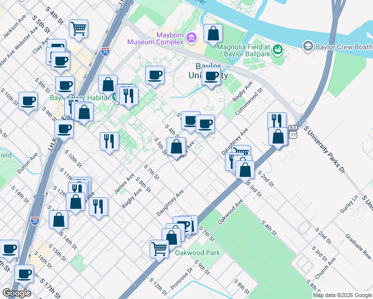 map of restaurants, bars, coffee shops, grocery stores, and more near 411 Bagby Avenue in Waco