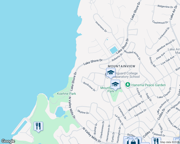 map of restaurants, bars, coffee shops, grocery stores, and more near 2717 Mountainview Drive in Waco