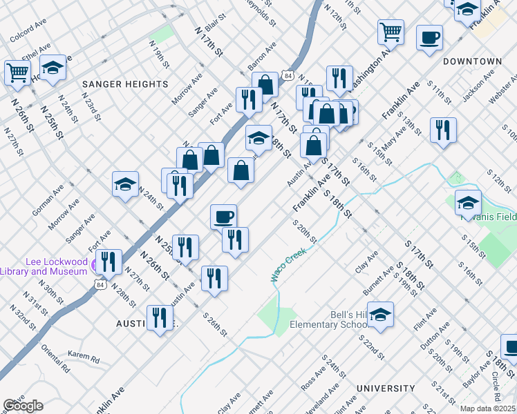 map of restaurants, bars, coffee shops, grocery stores, and more near 1923 Austin Avenue in Waco