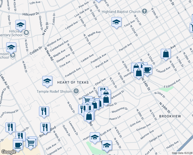 map of restaurants, bars, coffee shops, grocery stores, and more near 3729 Colcord Avenue in Waco