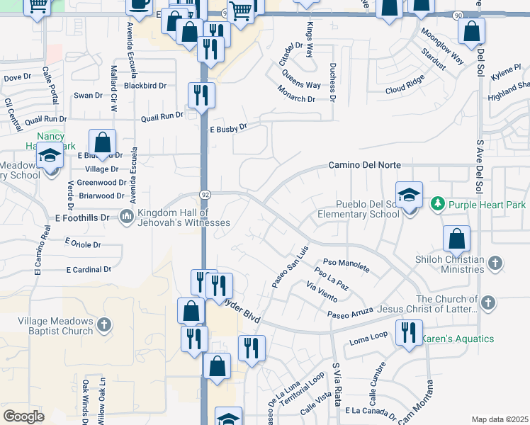 map of restaurants, bars, coffee shops, grocery stores, and more near 1017 South Plaza Aguilar in Sierra Vista