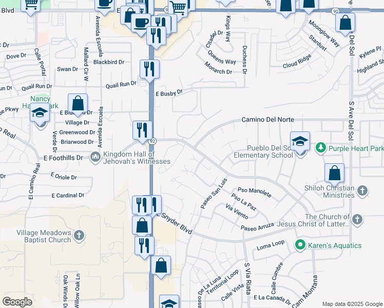 map of restaurants, bars, coffee shops, grocery stores, and more near 4310 Plaza Vista in Sierra Vista