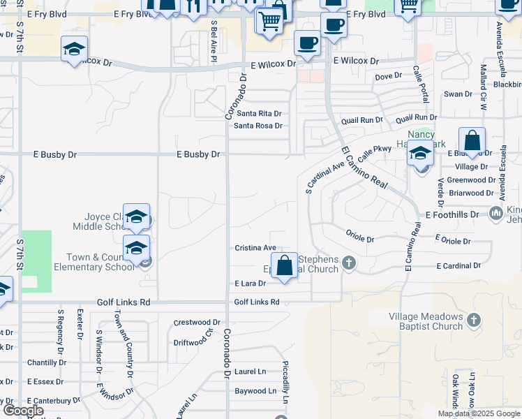map of restaurants, bars, coffee shops, grocery stores, and more near 2131 East Foothills Drive in Sierra Vista
