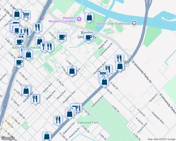 map of restaurants, bars, coffee shops, grocery stores, and more near 1825 South 3rd Street in Waco
