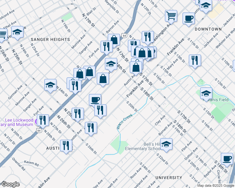 map of restaurants, bars, coffee shops, grocery stores, and more near 2000 Austin Avenue in Waco