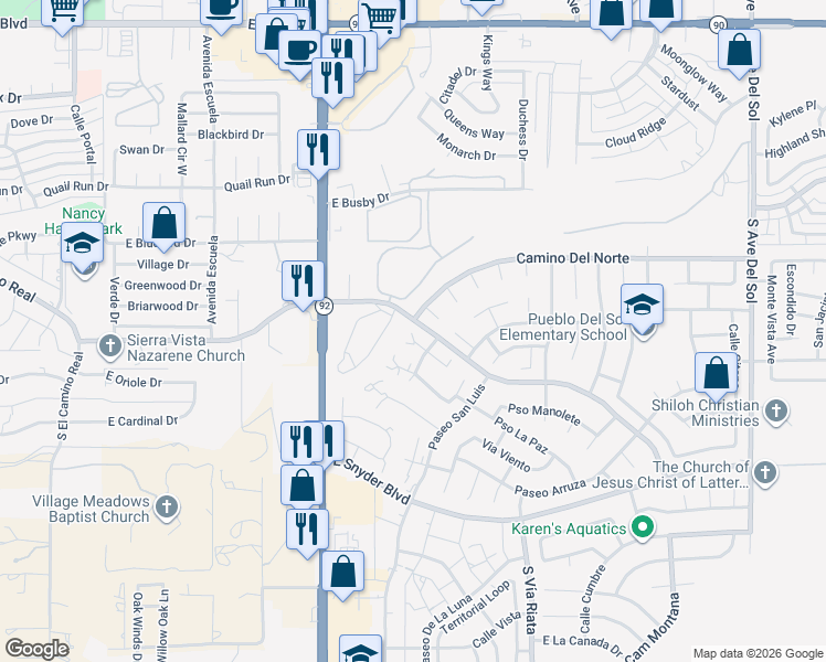 map of restaurants, bars, coffee shops, grocery stores, and more near 4310 Plaza Vista in Sierra Vista