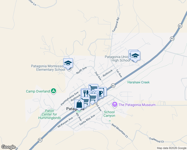 map of restaurants, bars, coffee shops, grocery stores, and more near Lenon Way in Patagonia