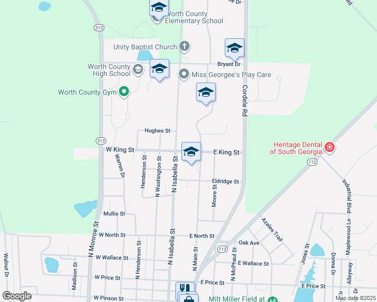 map of restaurants, bars, coffee shops, grocery stores, and more near North Main Street in Sylvester