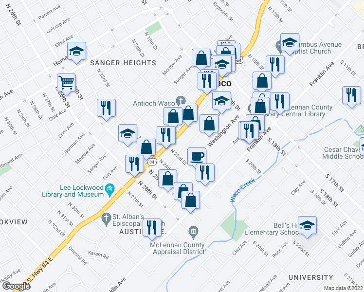map of restaurants, bars, coffee shops, grocery stores, and more near 2215 Columbus Avenue in Waco