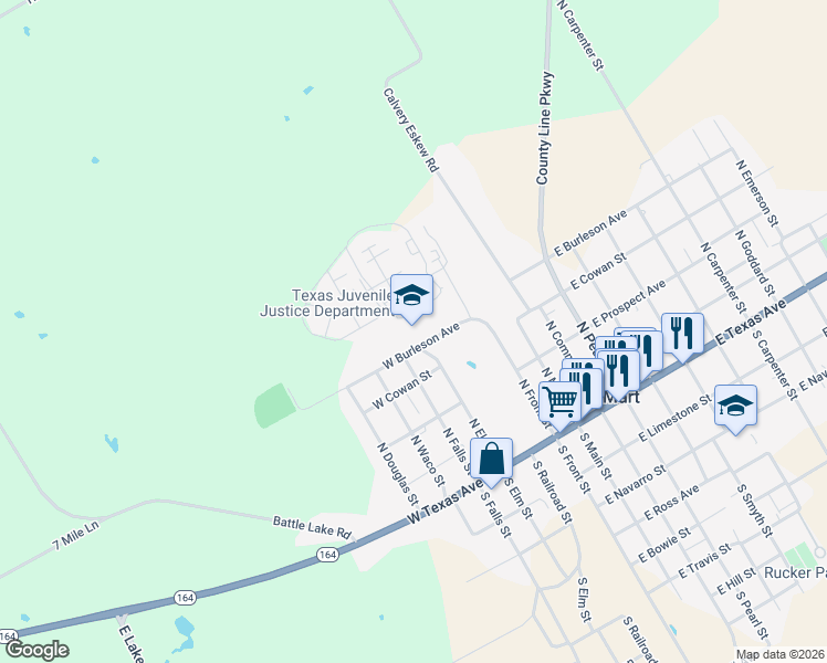 map of restaurants, bars, coffee shops, grocery stores, and more near 116 West Burleson Avenue in Mart