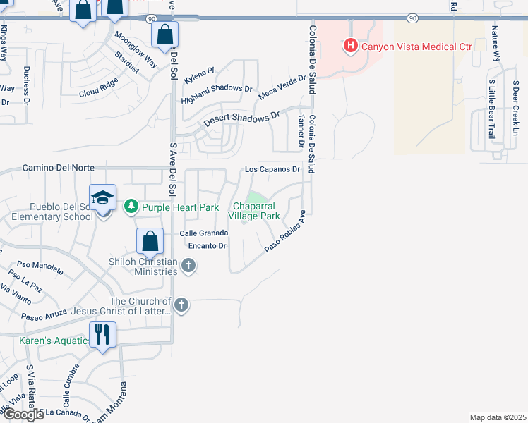 map of restaurants, bars, coffee shops, grocery stores, and more near 1067 Montrose Avenue in Sierra Vista