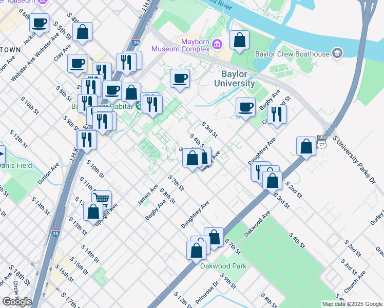 map of restaurants, bars, coffee shops, grocery stores, and more near 1522 South 5th Street in Waco