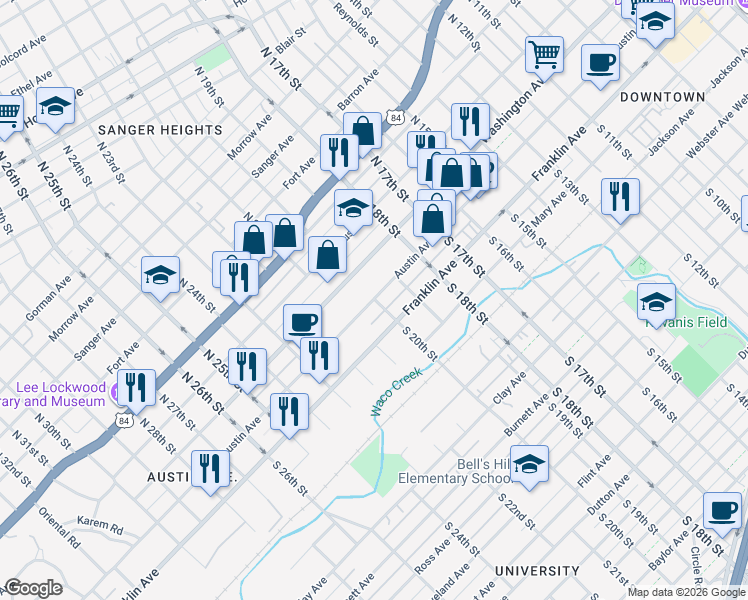 map of restaurants, bars, coffee shops, grocery stores, and more near 1923 Austin Avenue in Waco