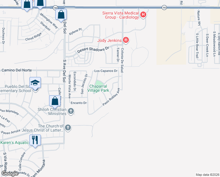 map of restaurants, bars, coffee shops, grocery stores, and more near 1003 Estancia Drive in Sierra Vista