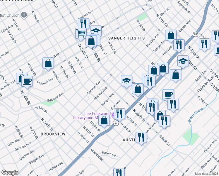 map of restaurants, bars, coffee shops, grocery stores, and more near 2600 Morrow Avenue in Waco