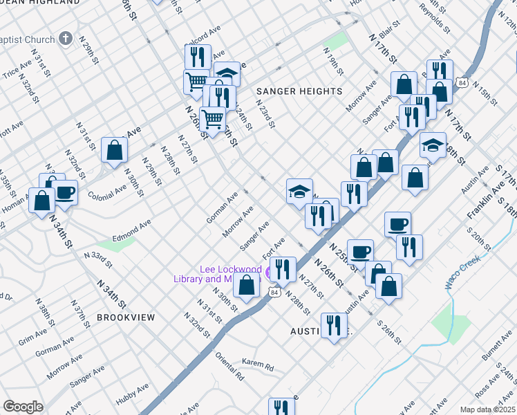 map of restaurants, bars, coffee shops, grocery stores, and more near 2605 Morrow Avenue in Waco