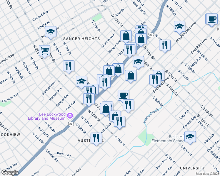 map of restaurants, bars, coffee shops, grocery stores, and more near 2210 West Waco Drive in Waco
