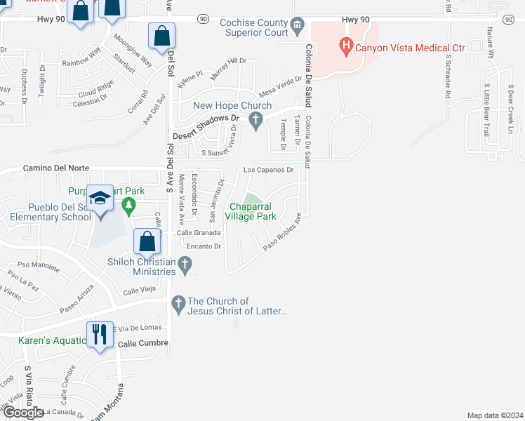 map of restaurants, bars, coffee shops, grocery stores, and more near 1045 Montrose Avenue in Sierra Vista