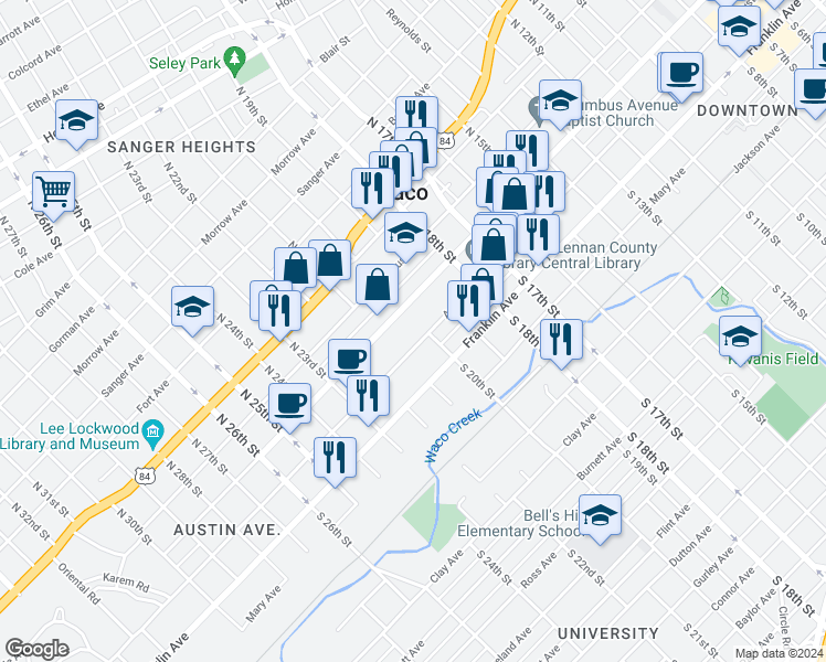 map of restaurants, bars, coffee shops, grocery stores, and more near 1923 Austin Avenue in Waco