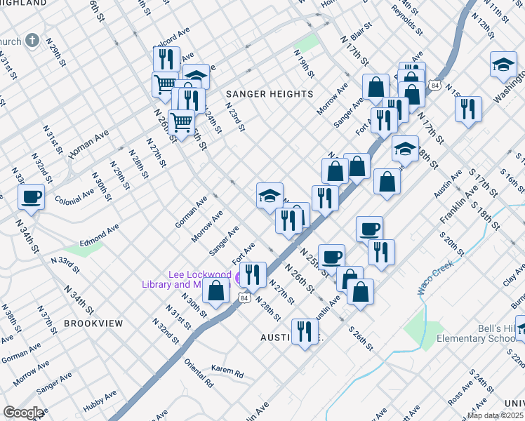 map of restaurants, bars, coffee shops, grocery stores, and more near 615 North 25th Street in Waco