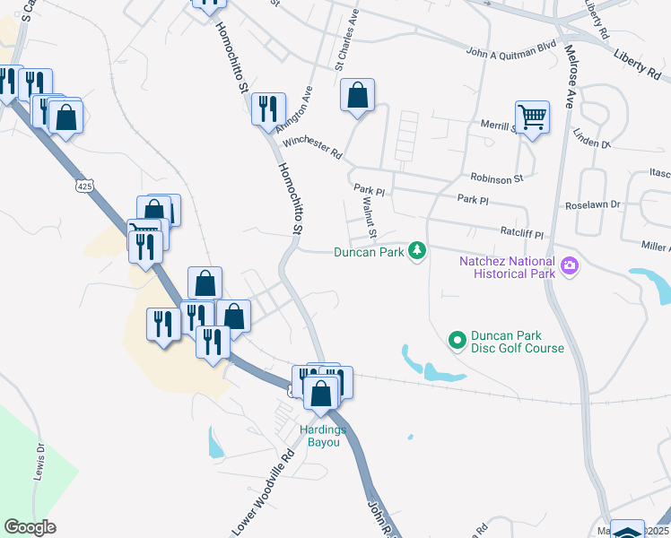 map of restaurants, bars, coffee shops, grocery stores, and more near 147 Homochitto Street in Natchez