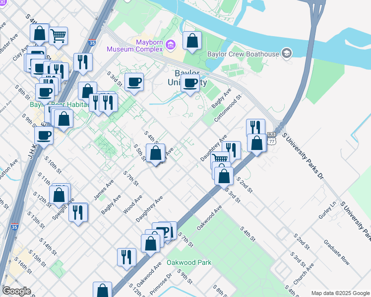 map of restaurants, bars, coffee shops, grocery stores, and more near 1748 South 3rd Street in Waco