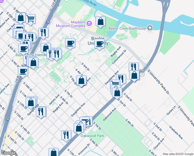 map of restaurants, bars, coffee shops, grocery stores, and more near 1748 South 3rd Street in Waco