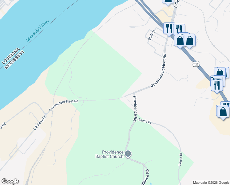 map of restaurants, bars, coffee shops, grocery stores, and more near 78 Government Fleet Road in Natchez